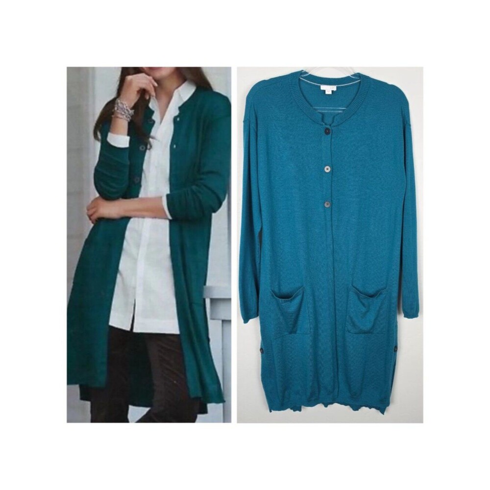 J. Jill Cardigan Longline Wool Blend Button Front Long Sleeve Teal Green Size M